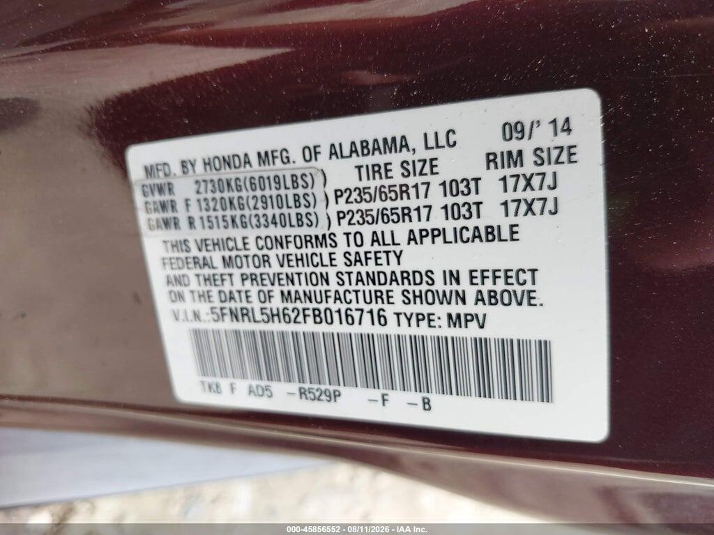 5FNRL5H62FB016716 2015 HONDA ODYSSEY photo no. 9