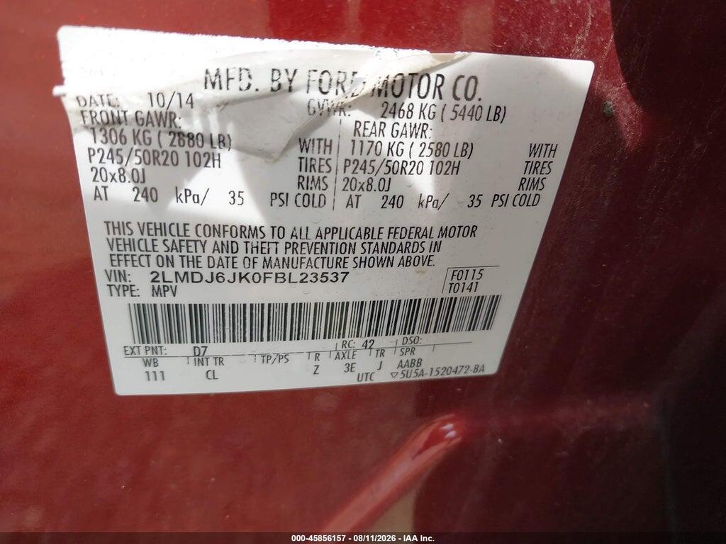 2LMDJ6JK0FBL23537 2015 LINCOLN MKX photo no. 9
