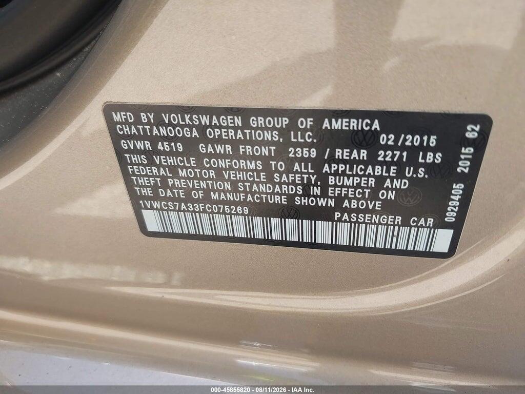 1VWCS7A33FC075269 2015 VOLKSWAGEN PASSAT photo no. 9