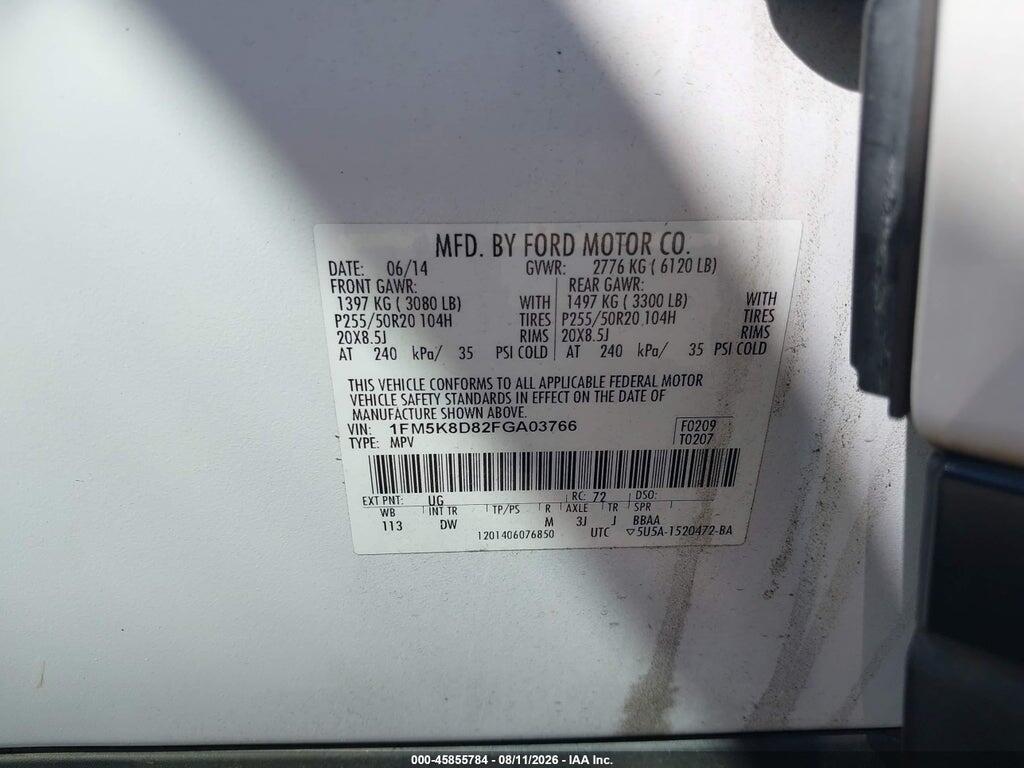 1FM5K8D82FGA03766 2015 FORD EXPLORER photo no. 9