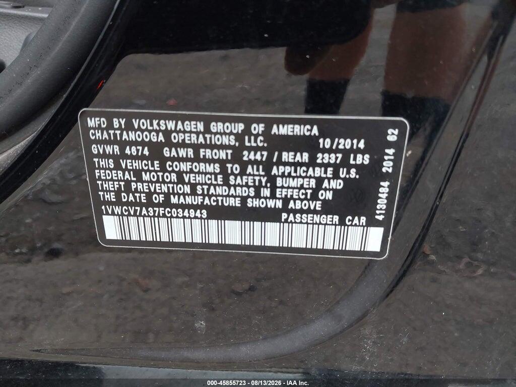 1VWCV7A37FC034943 2015 VOLKSWAGEN PASSAT photo no. 9