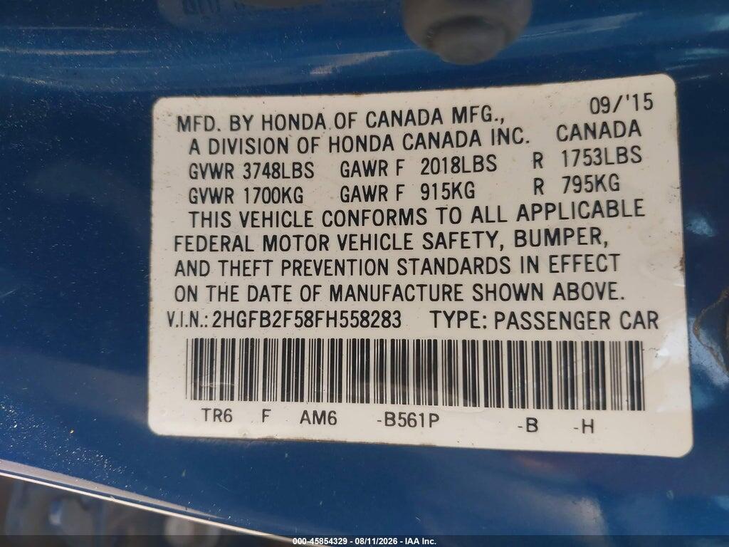 2HGFB2F58FH558283 2015 HONDA CIVIC photo no. 9