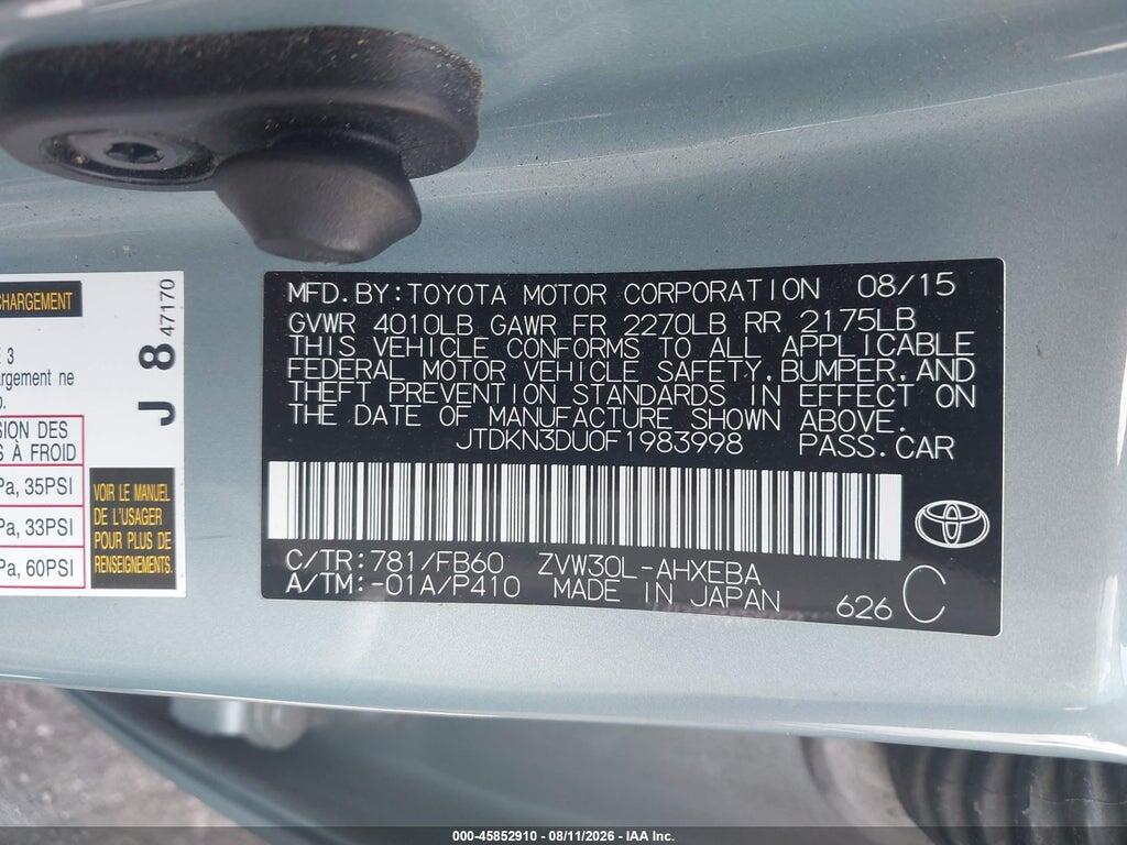 JTDKN3DU0F1983998 2015 TOYOTA PRIUS photo no. 9