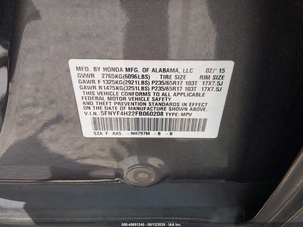 5FNYF4H22FB060208 2015 HONDA PILOT photo no. 9