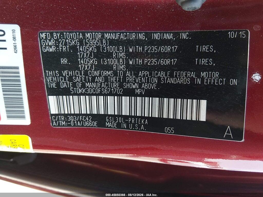 5TDKK3DC0FS671702 2015 TOYOTA SIENNA photo no. 9