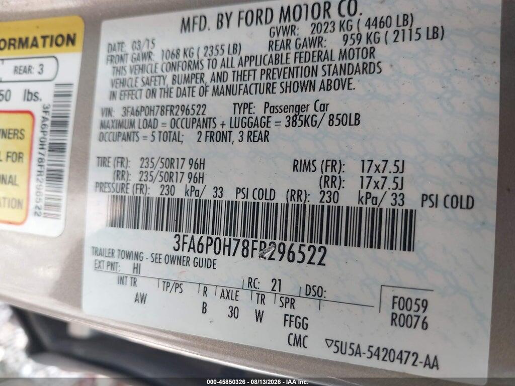 3FA6P0H78FR296522 2015 FORD FUSION photo no. 9
