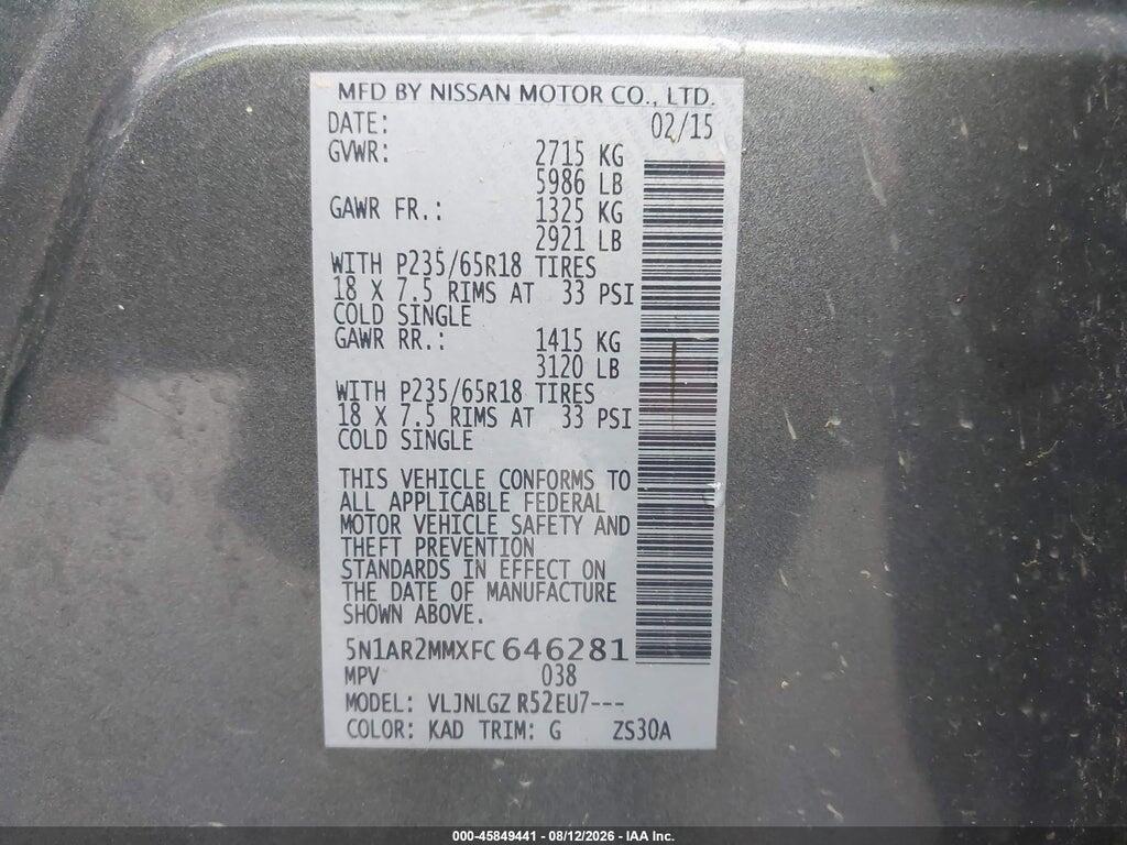 5N1AR2MMXFC646281 2015 NISSAN PATHFINDER photo no. 9