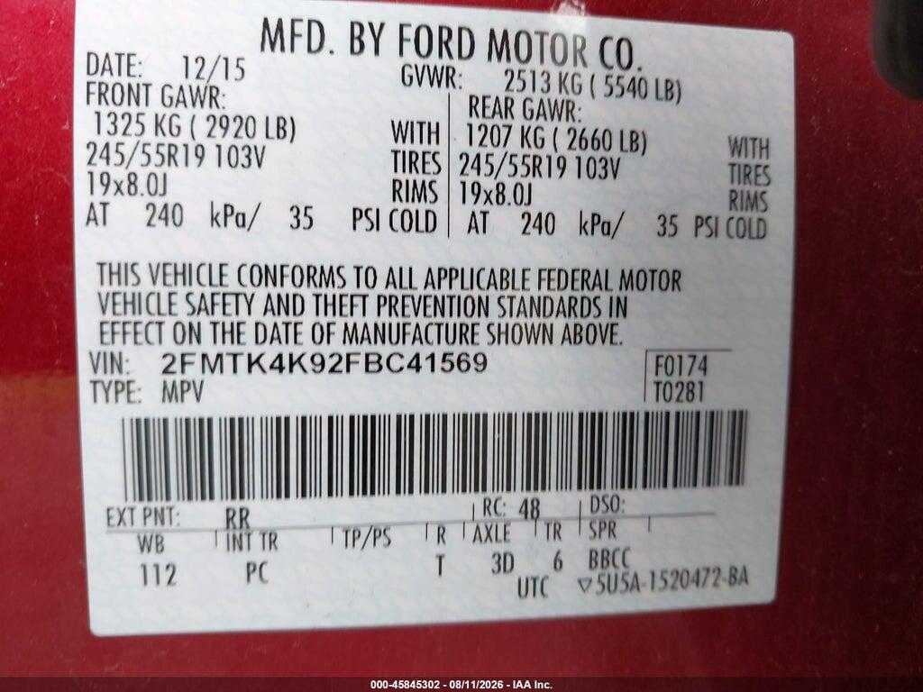 2FMTK4K92FBC41569 2015 FORD EDGE photo no. 9