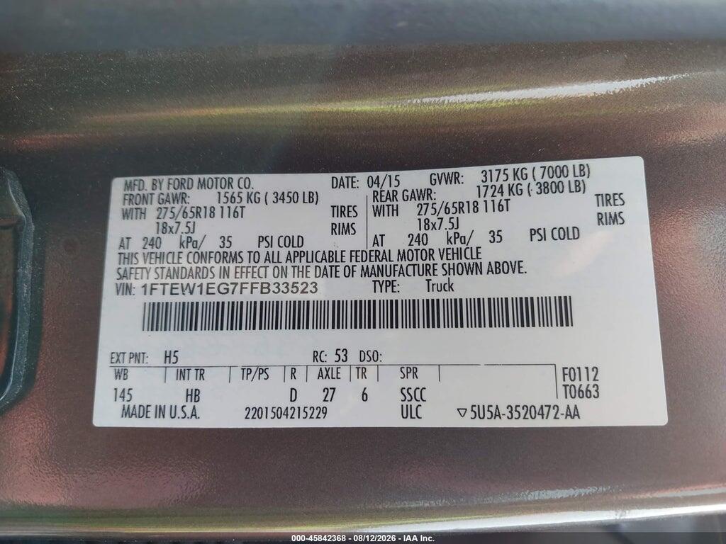 1FTEW1EG7FFB33523 2015 FORD F-150 photo no. 9