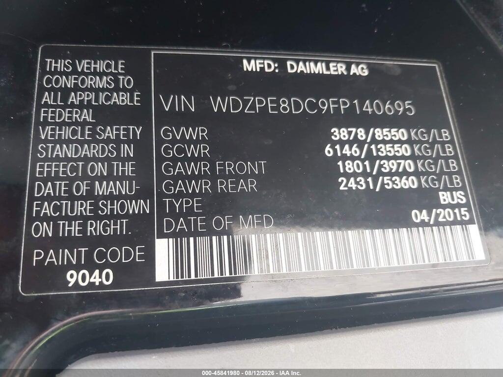 WDZPE8DC9FP140695 2015 MERCEDES-BENZ SPRINTER 2500 photo no. 9