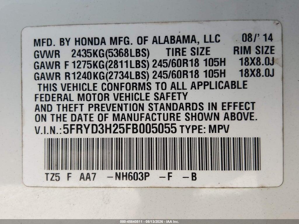5FRYD3H25FB005055 2015 ACURA MDX photo no. 9