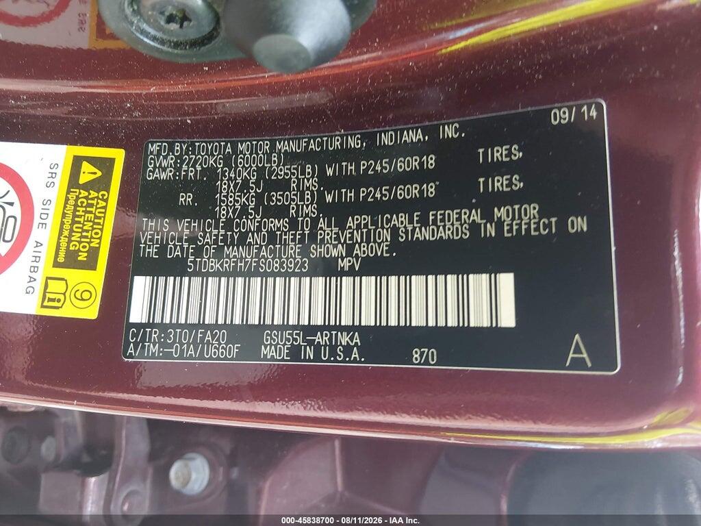 5TDBKRFH7FS083923 2015 TOYOTA HIGHLANDER photo no. 9