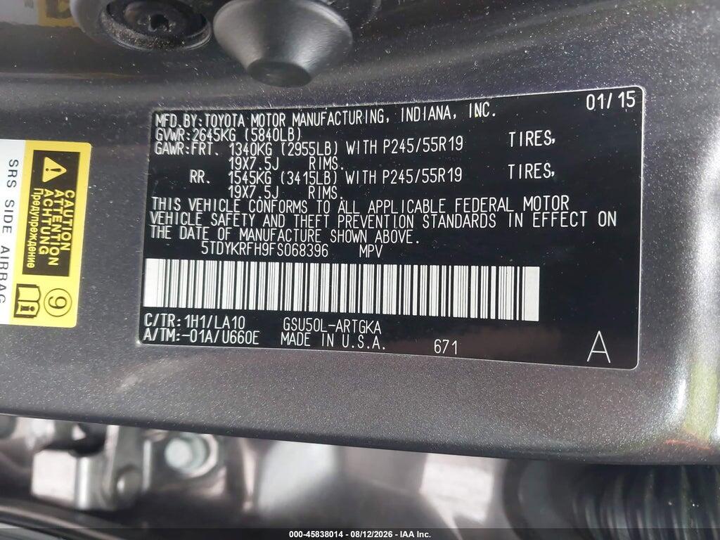5TDYKRFH9FS068396 2015 TOYOTA HIGHLANDER photo no. 9
