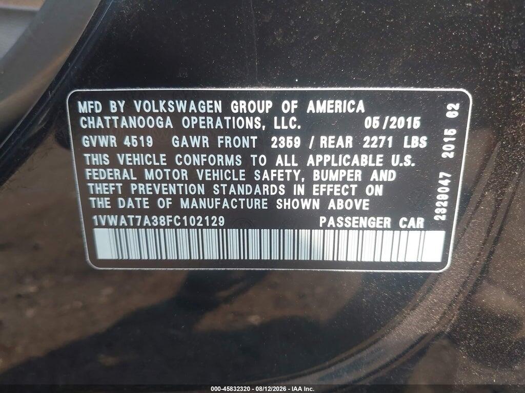 1VWAT7A38FC102129 2015 VOLKSWAGEN PASSAT photo no. 9
