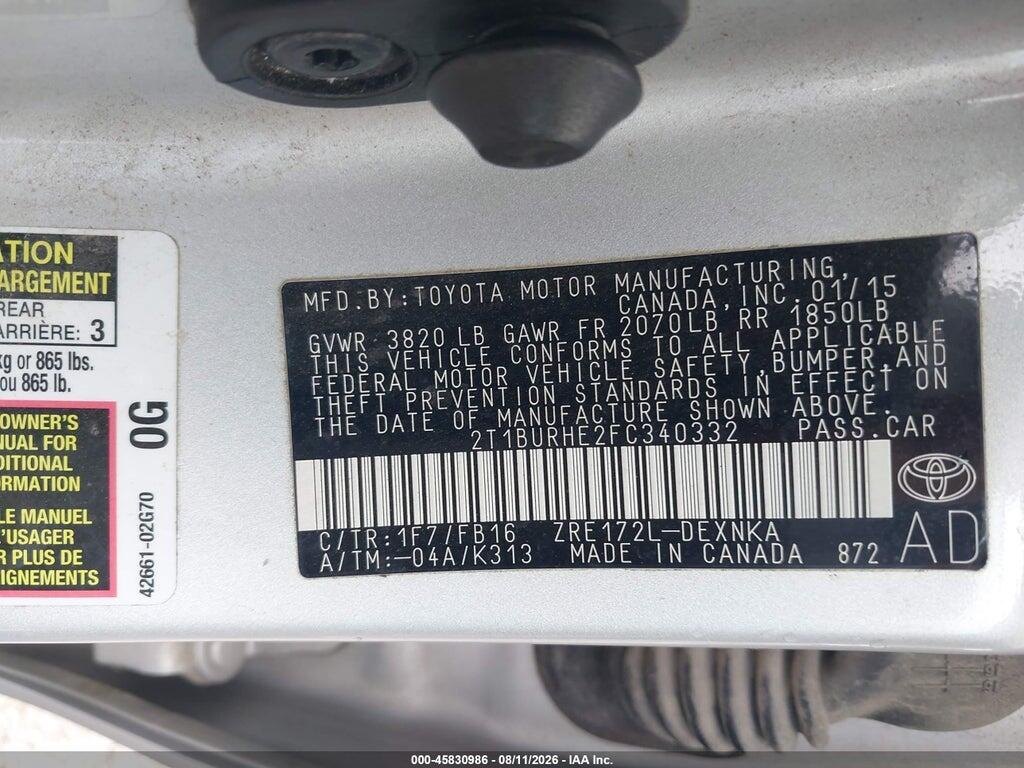 2T1BURHE2FC340332 2015 TOYOTA COROLLA photo no. 9