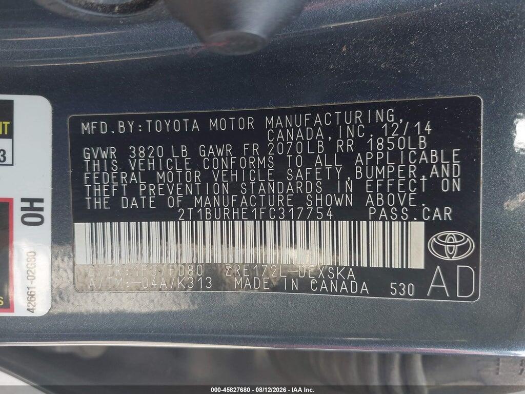 2T1BURHE1FC317754 2015 TOYOTA COROLLA photo no. 9