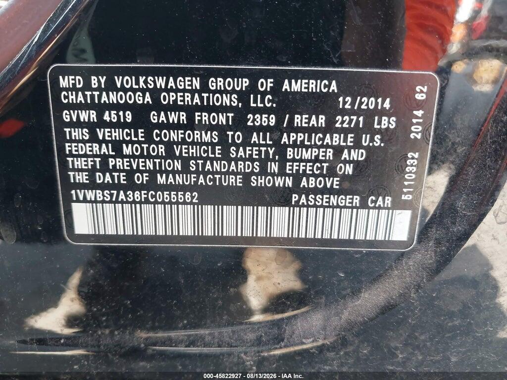 1VWBS7A36FC055562 2015 VOLKSWAGEN PASSAT photo no. 9