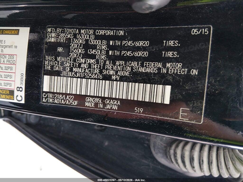 JTEBU5JR1F5258476 2015 TOYOTA 4RUNNER photo no. 9