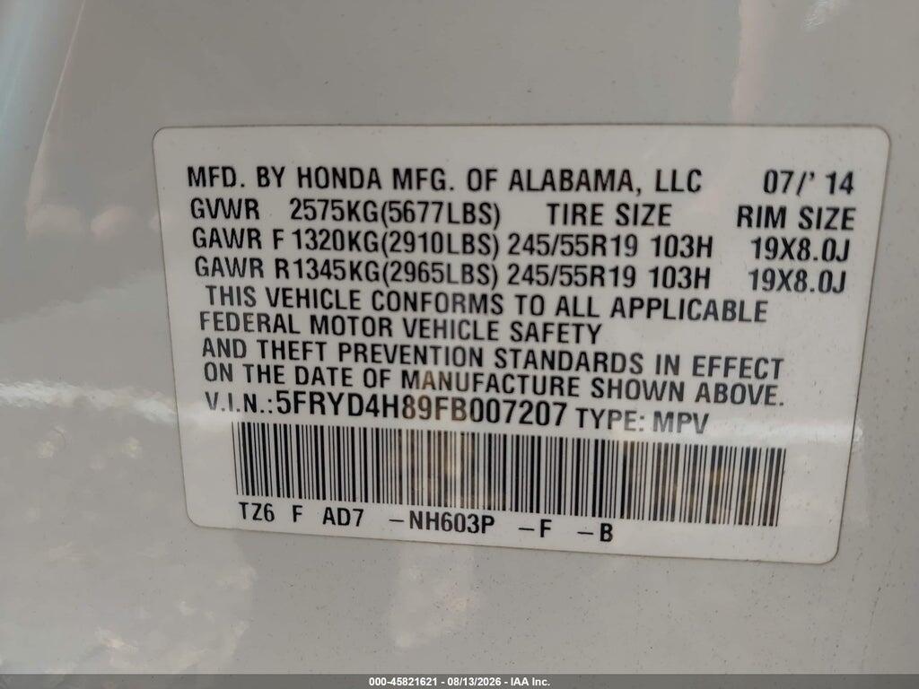 5FRYD4H89FB007207 2015 ACURA MDX photo no. 9