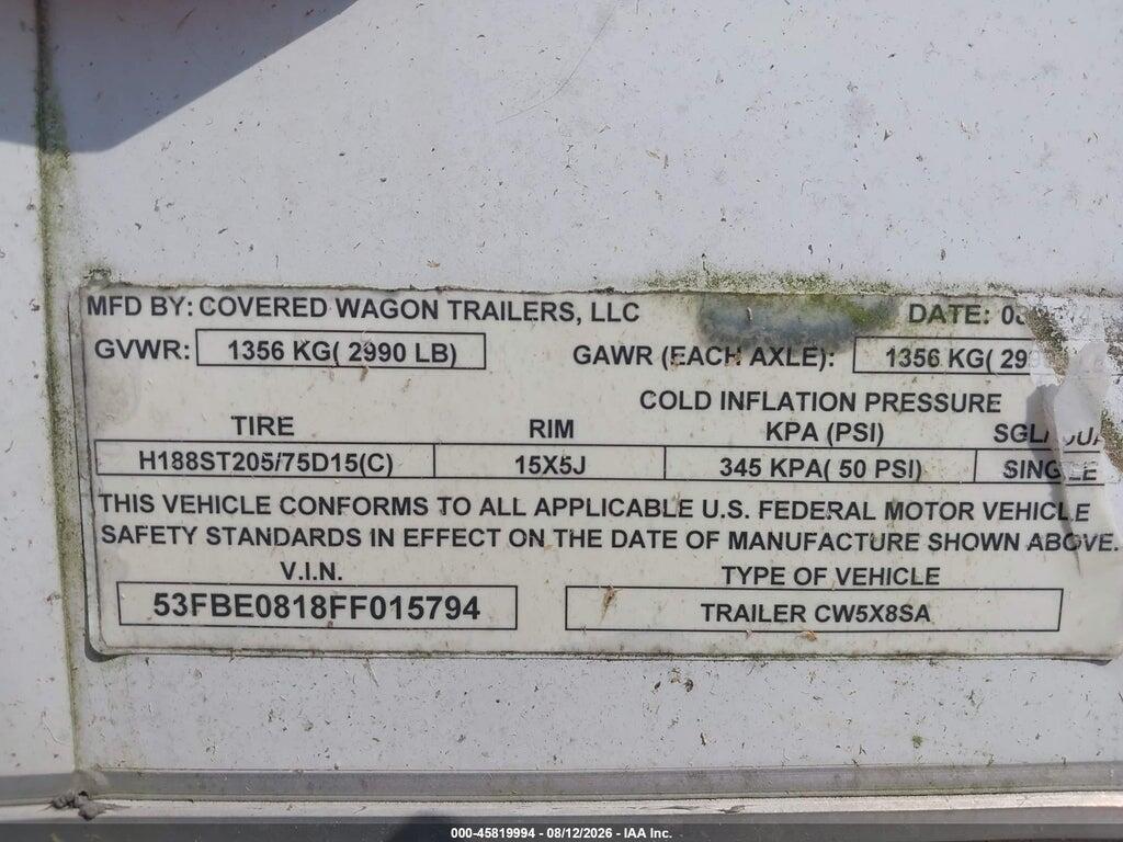 53FBE0818FF015794 2015 COVERED WAGON 8' CW5X8SA TRAILER photo no. 9