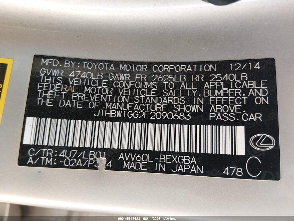 JTHBW1GG2F2090683 2015 LEXUS ES 300H photo no. 9