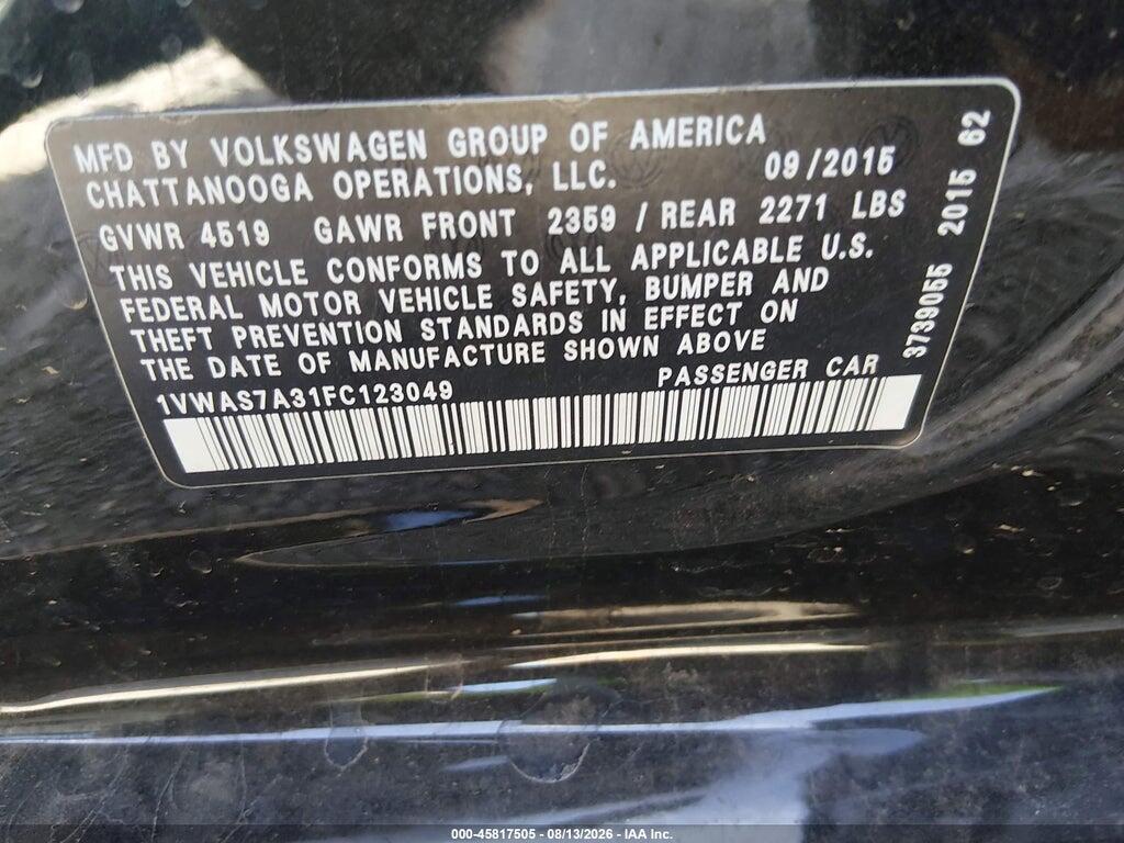 1VWAS7A31FC123049 2015 VOLKSWAGEN PASSAT photo no. 9