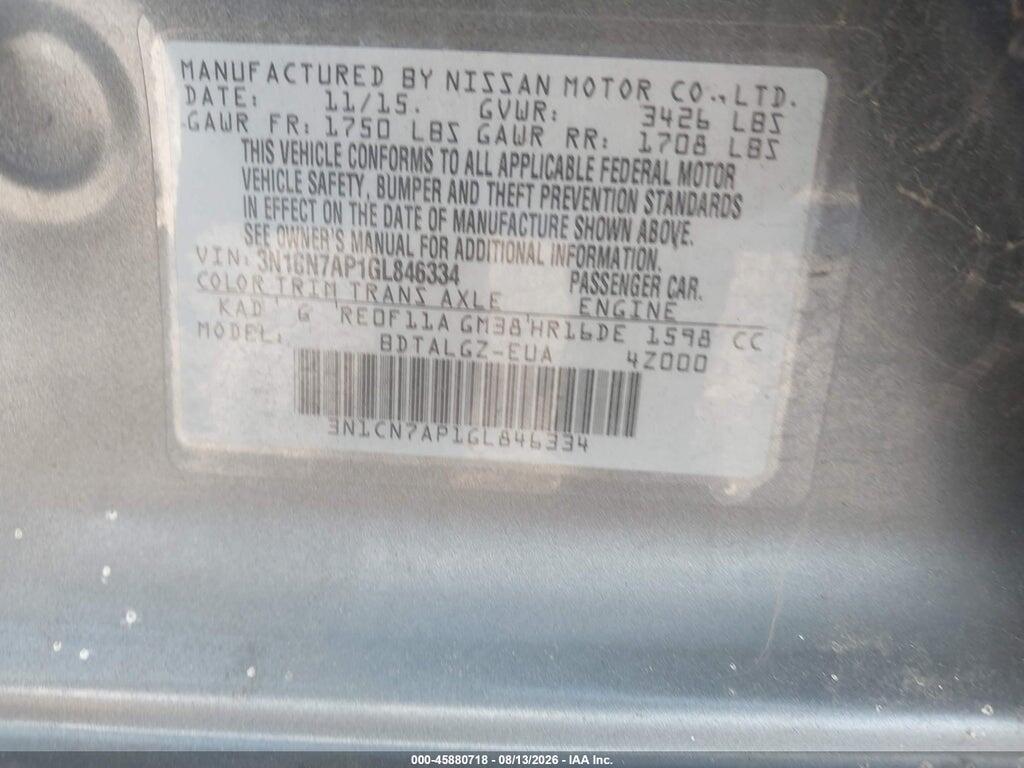 3N1CN7AP1GL846334 2016 NISSAN VERSA photo no. 9