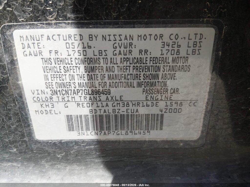 3N1CN7AP7GL896459 2016 NISSAN VERSA photo no. 9