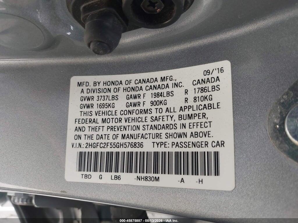 2HGFC2F55GH576836 2016 HONDA CIVIC photo no. 9