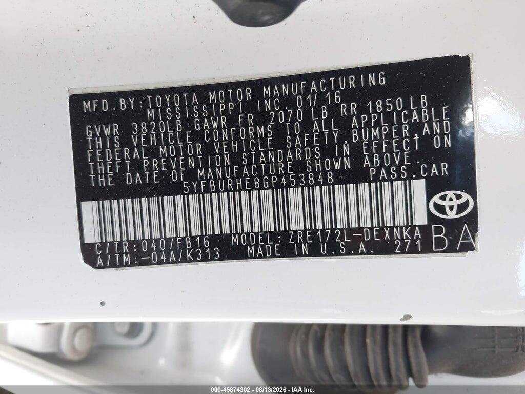 5YFBURHE8GP453848 2016 TOYOTA COROLLA photo no. 9