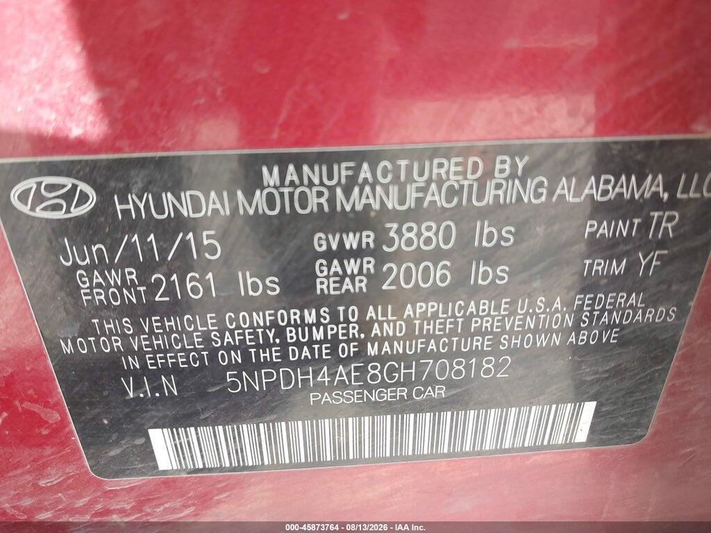5NPDH4AE8GH708182 2016 HYUNDAI ELANTRA photo no. 9