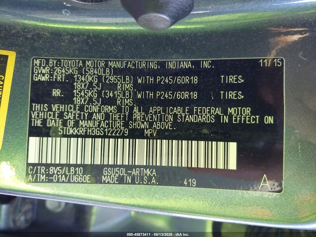 5TDKKRFH3GS122279 2016 TOYOTA HIGHLANDER photo no. 9