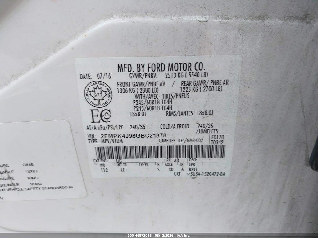 2FMPK4J98GBC21878 2016 FORD EDGE photo no. 9