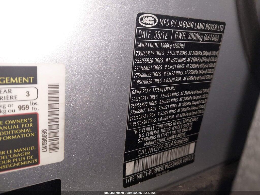 SALWR2PF3GA598698 2016 LAND ROVER RANGE ROVER SPORT photo no. 9