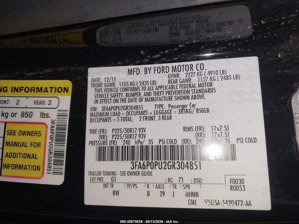 3FA6P0PU2GR304851 2016 FORD FUSION ENERGI photo no. 9