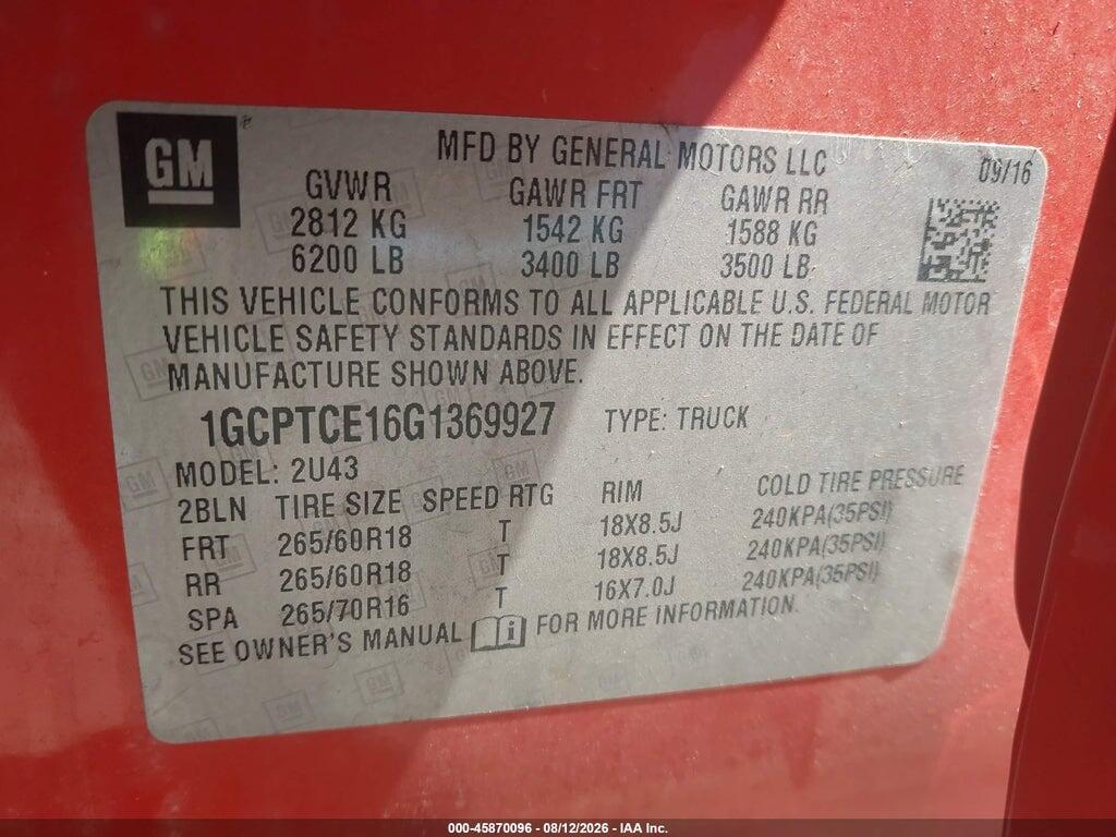 1GCPTCE16G1369927 2016 CHEVROLET COLORADO photo no. 9