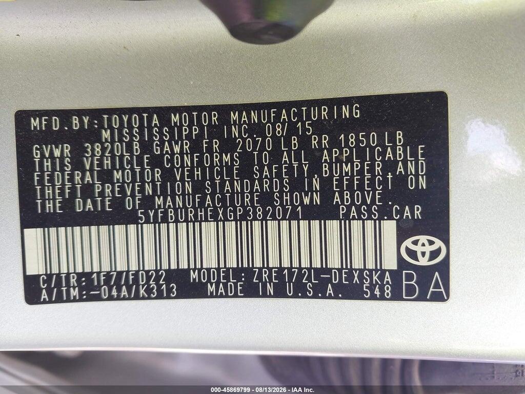 5YFBURHEXGP382071 2016 TOYOTA COROLLA photo no. 9