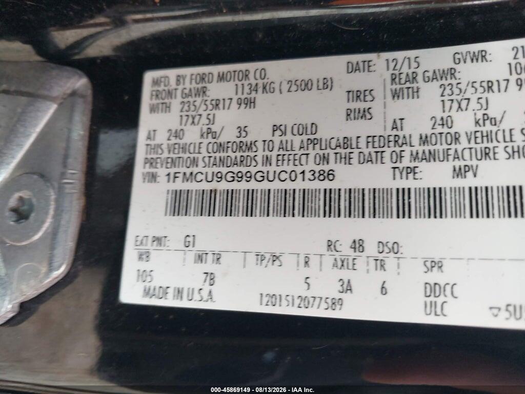 1FMCU9G99GUC01386 2016 FORD ESCAPE photo no. 9