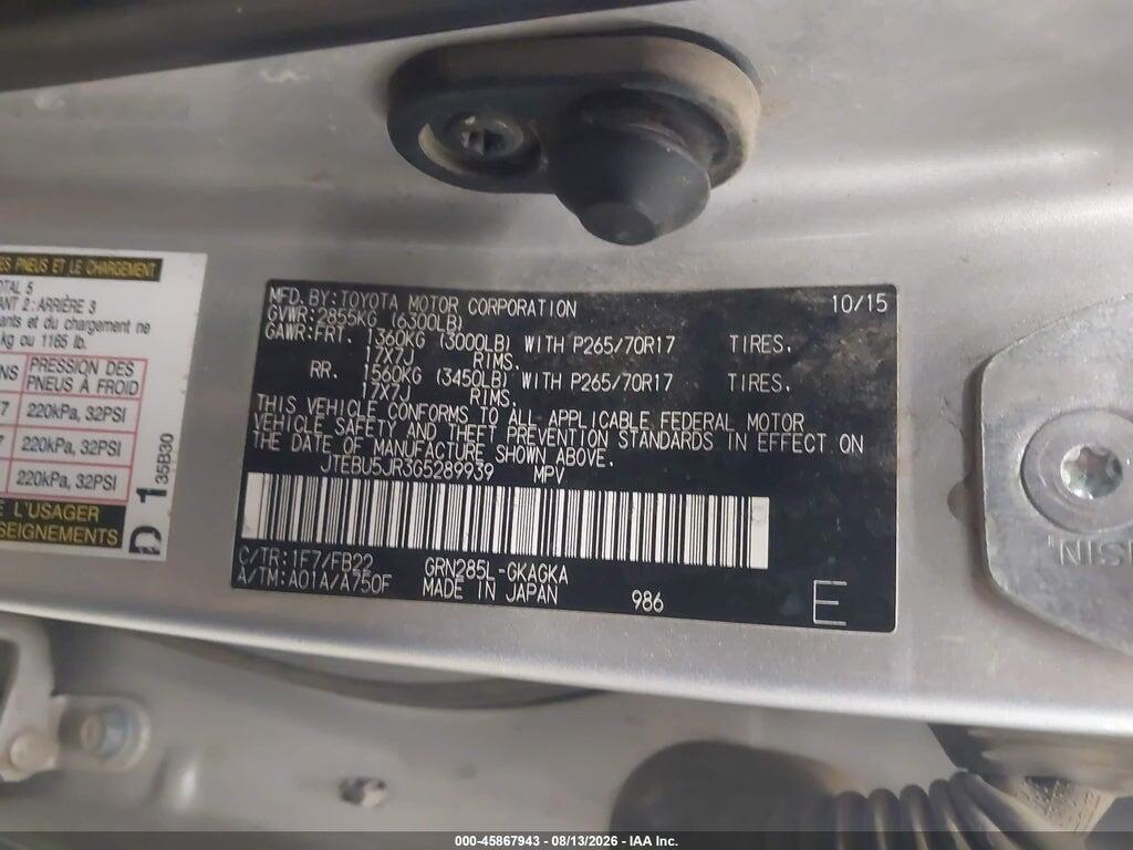 JTEBU5JR3G5289939 2016 TOYOTA 4RUNNER photo no. 9