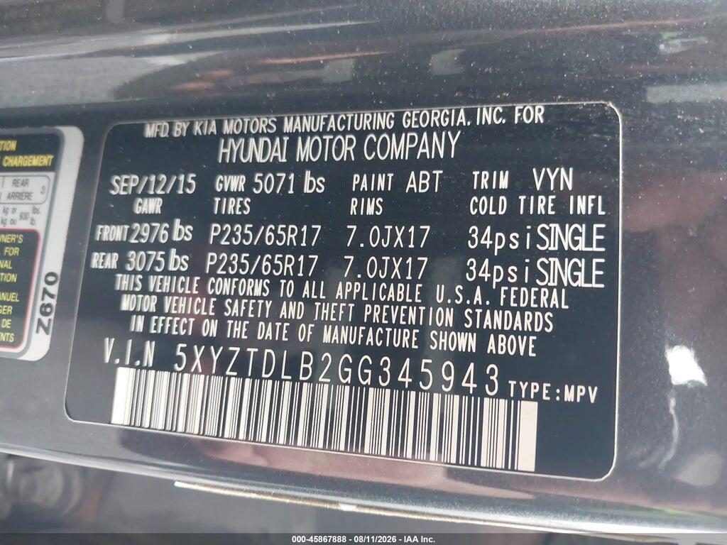 5XYZTDLB2GG345943 2016 HYUNDAI SANTA FE SPORT photo no. 9