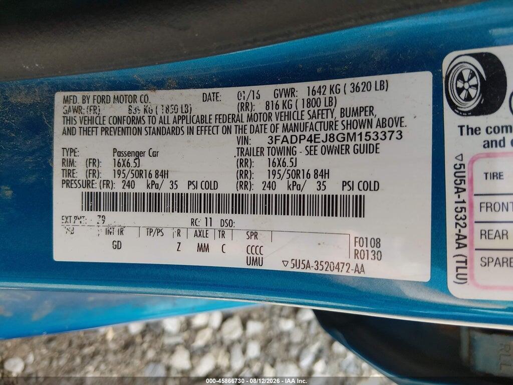 3FADP4EJ8GM153373 2016 FORD FIESTA photo no. 9