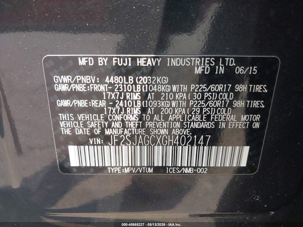 JF2SJAGCXGH402147 2016 SUBARU FORESTER photo no. 9