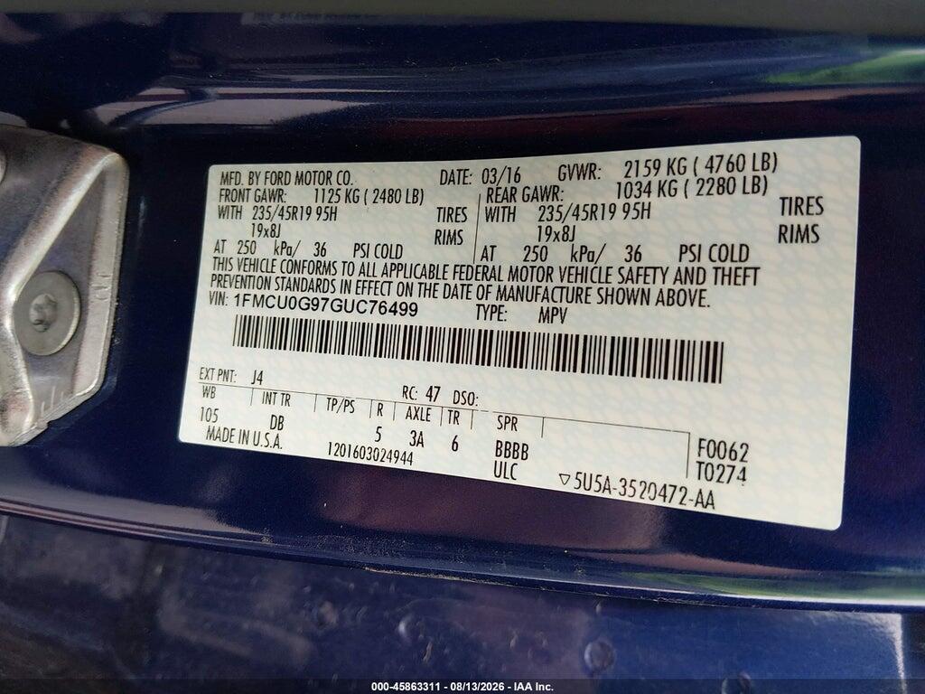 1FMCU0G97GUC76499 2016 FORD ESCAPE photo no. 9