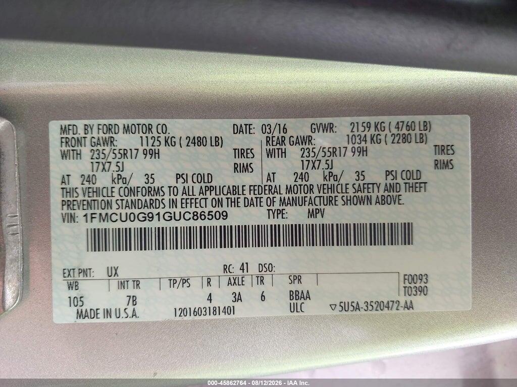 1FMCU0G91GUC86509 2016 FORD ESCAPE photo no. 9