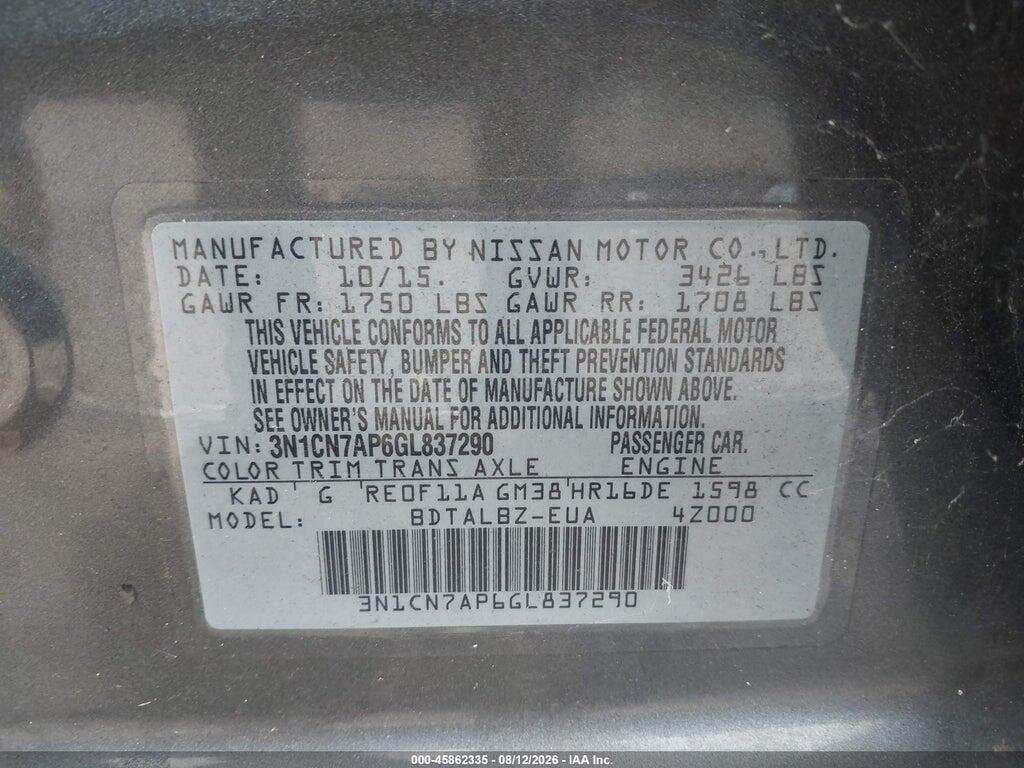 3N1CN7AP6GL837290 2016 NISSAN VERSA photo no. 9