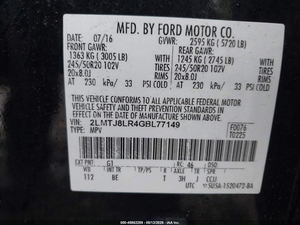 2LMTJ8LR4GBL77149 2016 LINCOLN MKX photo no. 9
