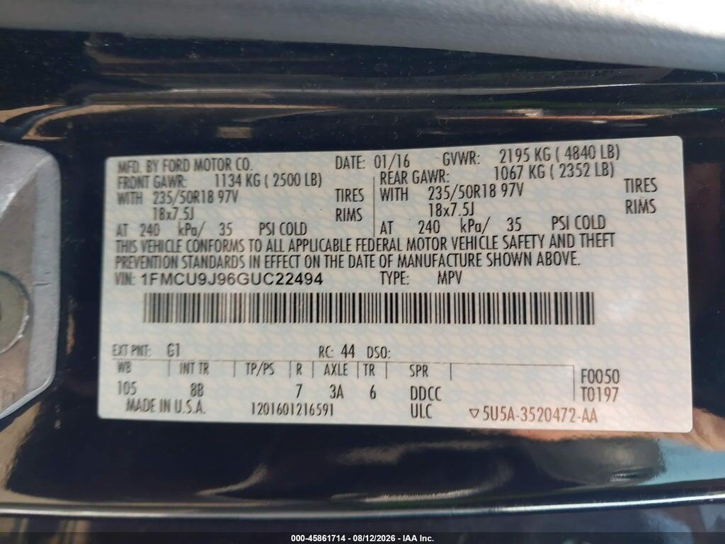 1FMCU9J96GUC22494 2016 FORD ESCAPE photo no. 9