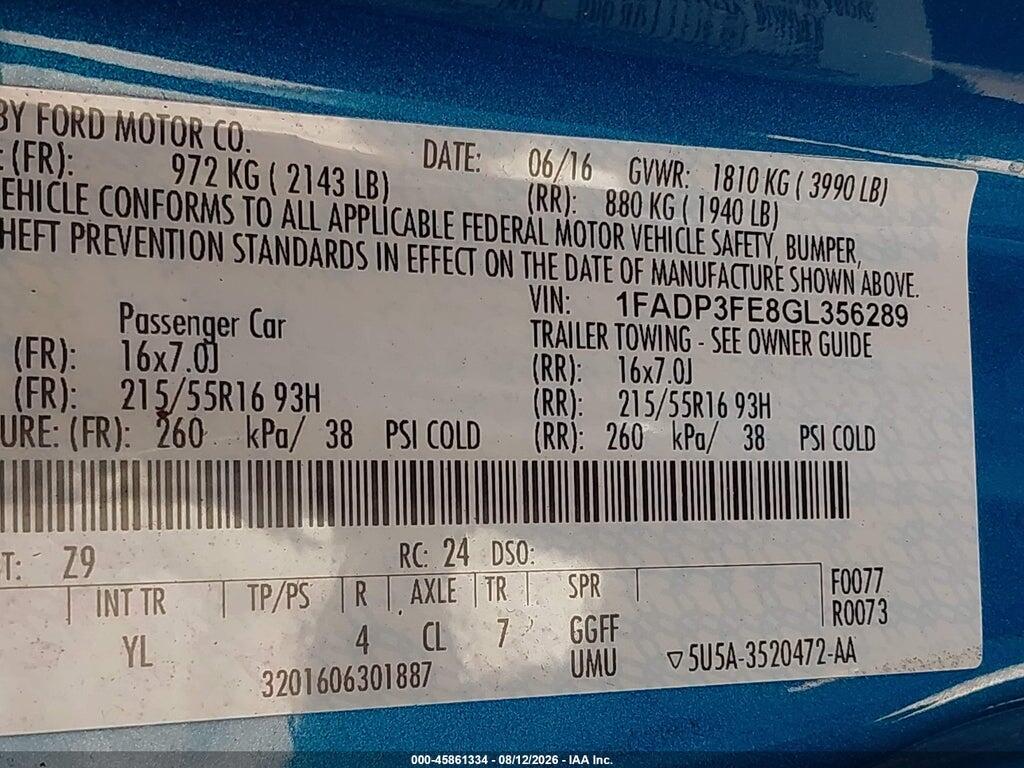 1FADP3FE8GL356289 2016 FORD FOCUS photo no. 9
