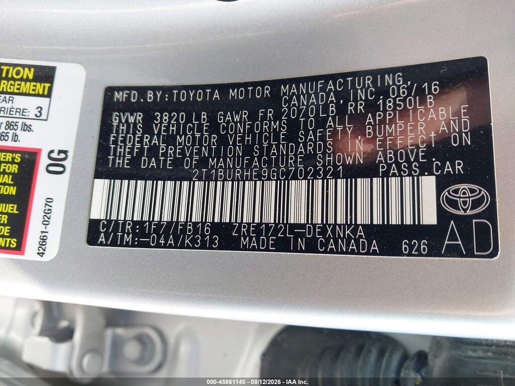 2T1BURHE9GC702321 2016 TOYOTA COROLLA photo no. 9