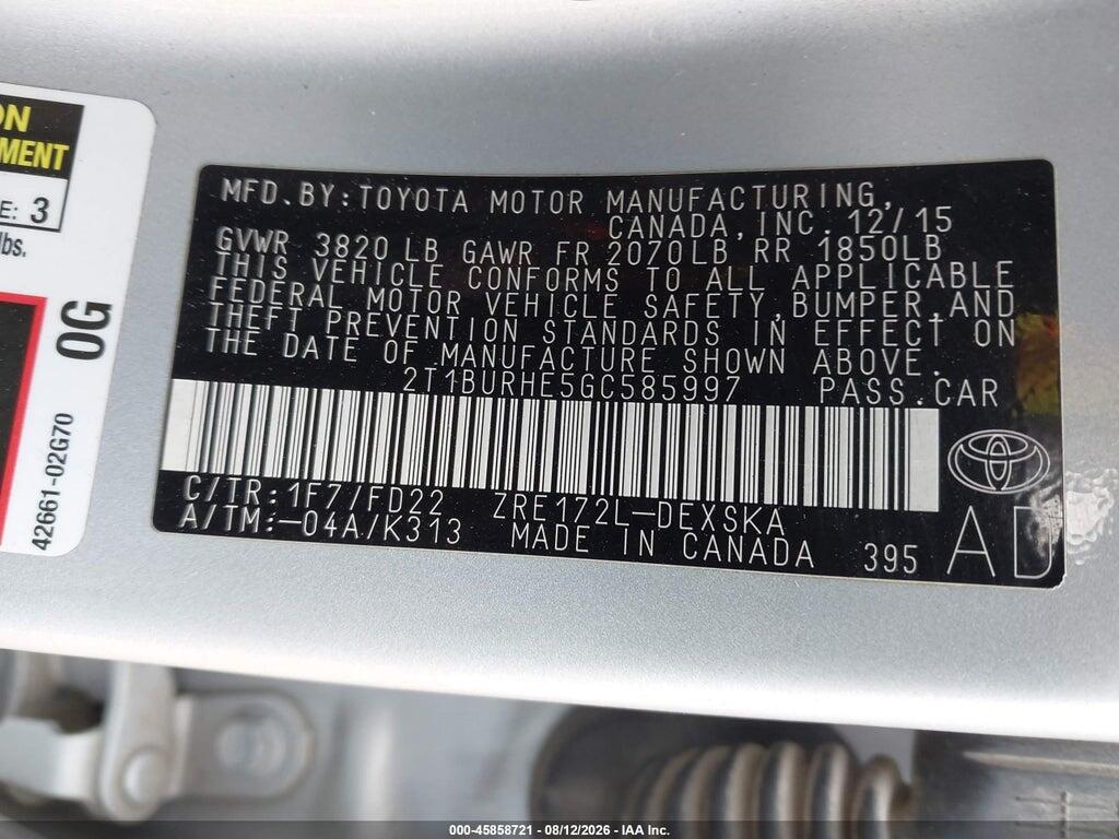 2T1BURHE5GC585997 2016 TOYOTA COROLLA photo no. 9
